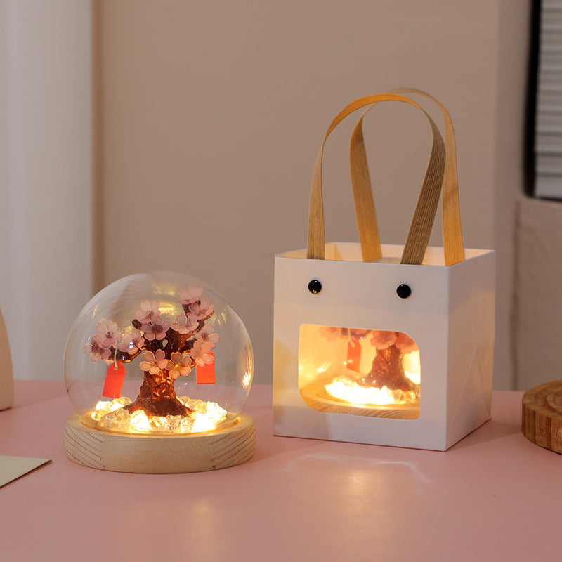 Cherry Blossom Tree Snow Globe Night Light, LED Glowing Crystal Ball with Wooden Base, Pink Flowers, Warm White Light