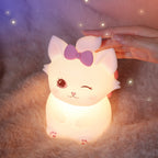 Cute Cat Silicone Night Light with Pink Bow, Soft Warm LED Lamp for Kids Bedroom, USB Rechargeable, White