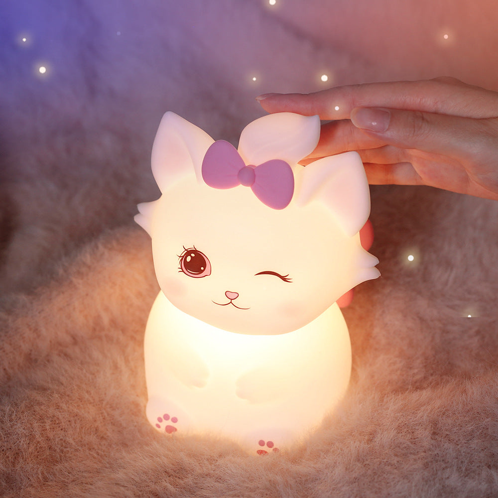 Cute Cat Silicone Night Light with Pink Bow, Soft Warm LED Lamp for Kids Bedroom, USB Rechargeable, White