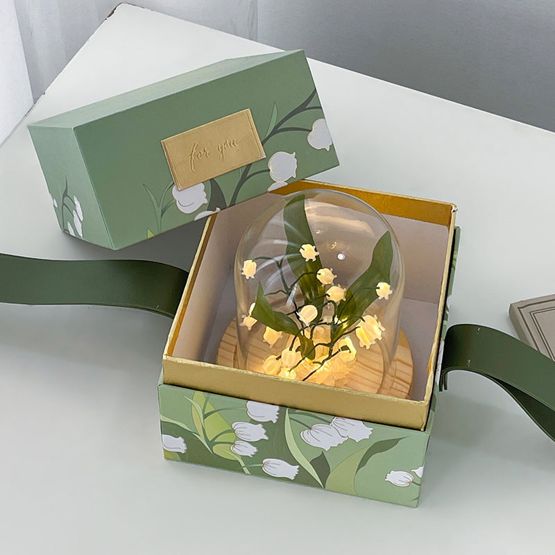 Lily of the Valley Glass Dome Night Light with Wooden Base, LED Glowing Flower Lamp, Warm White, USB Powered