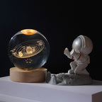 3D Engraved Galaxy Crystal Ball Night Light with Wooden Base, LED Glowing Sphere, Warm White, USB Powered