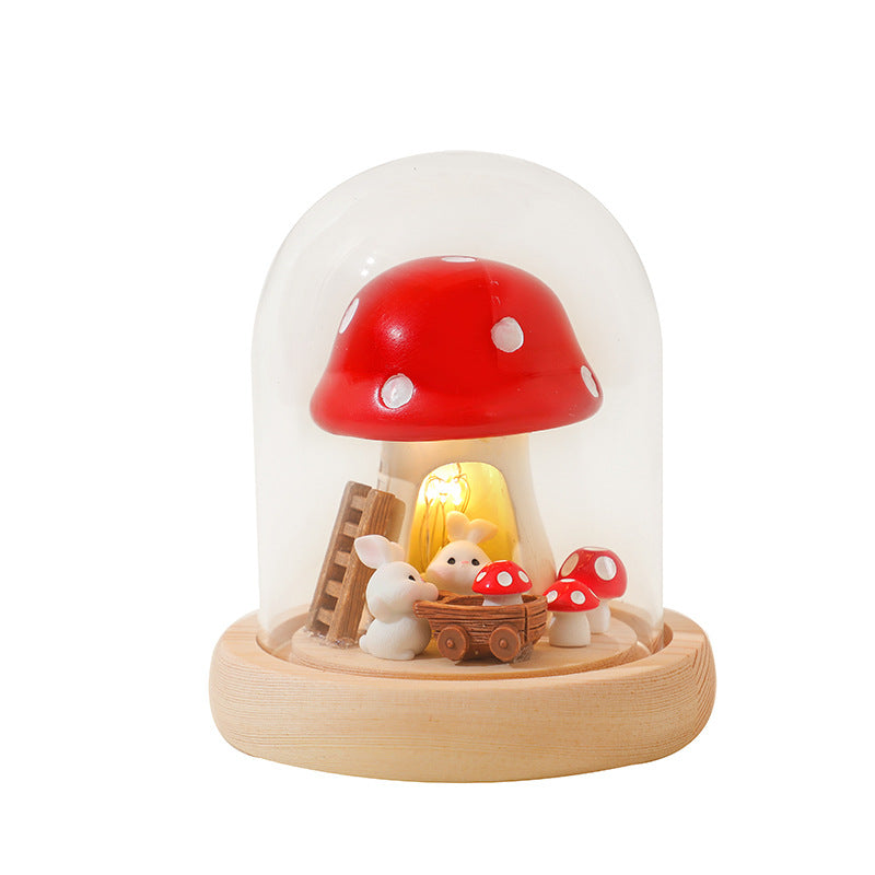 Mushroom & Rabbit Night Light with Glass Dome, LED Wooden Base Decorative Lamp, Warm White