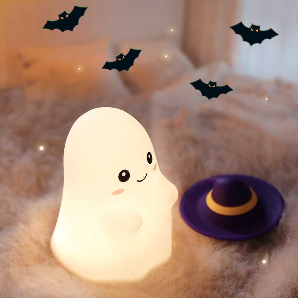 Halloween Ghost Silicone Night Light with Witch Hat, Warm LED Lamp for Kids, USB Rechargeable, White