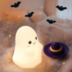 Halloween Ghost Silicone Night Light with Witch Hat, Warm LED Lamp for Kids, USB Rechargeable, White
