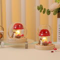 Mushroom & Rabbit Night Light with Glass Dome, LED Wooden Base Decorative Lamp, Warm White