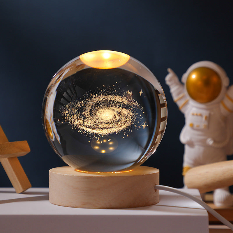 3D Engraved Galaxy Crystal Ball Night Light with Wooden Base, LED Glowing Sphere, Warm White, USB Powered