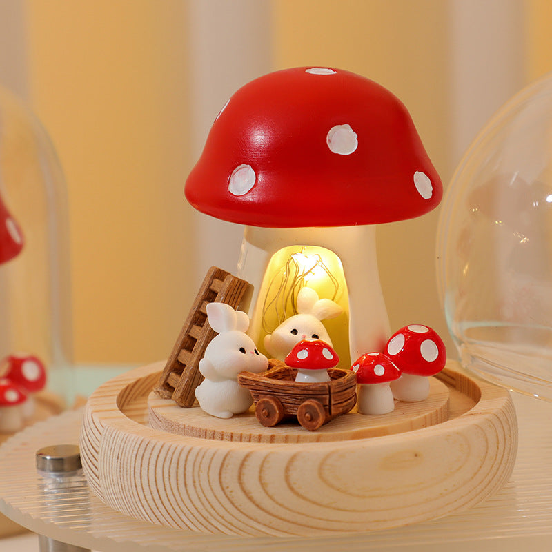 Mushroom & Rabbit Night Light with Glass Dome, LED Wooden Base Decorative Lamp, Warm White