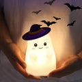 Halloween Ghost Silicone Night Light with Witch Hat, Warm LED Lamp for Kids, USB Rechargeable, White