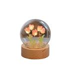 Tulip Flower Crystal Ball Night Light with Wooden Base, LED Glowing Glass Sphere, Warm White, USB Powered