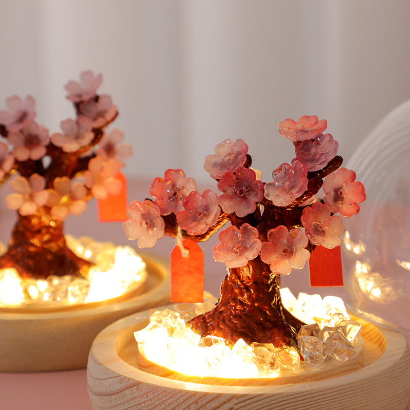 Cherry Blossom Tree Snow Globe Night Light, LED Glowing Crystal Ball with Wooden Base, Pink Flowers, Warm White Light