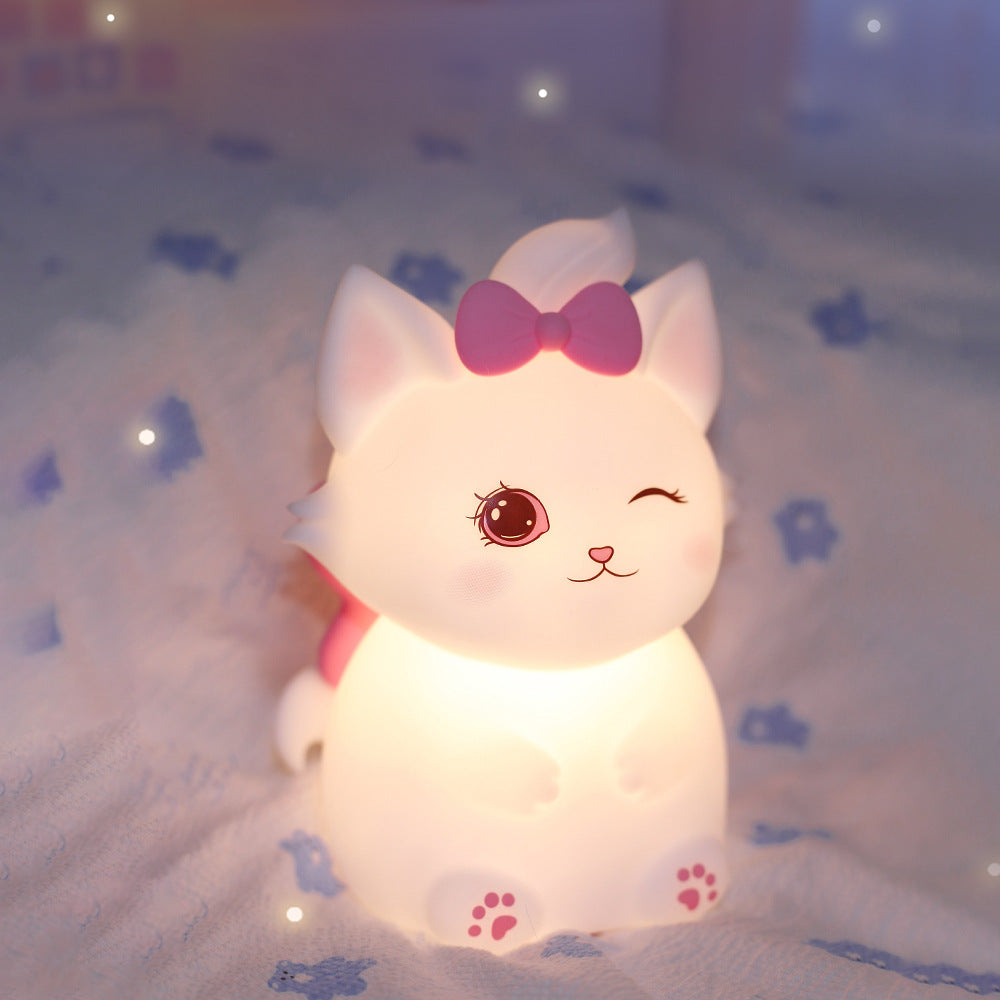 Cute Cat Silicone Night Light with Pink Bow, Soft Warm LED Lamp for Kids Bedroom, USB Rechargeable, White