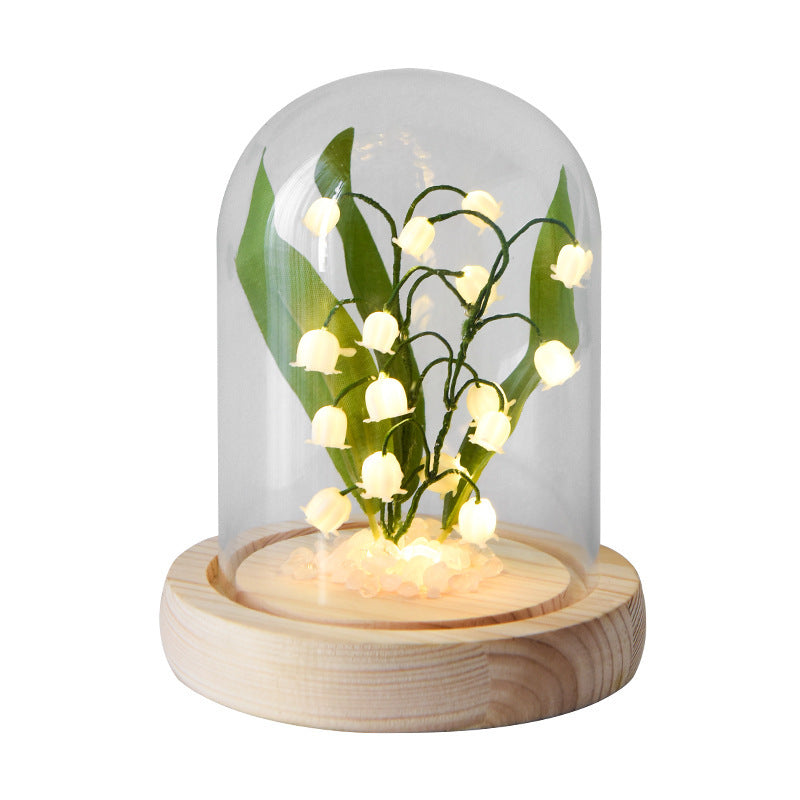 Lily of the Valley Glass Dome Night Light with Wooden Base, LED Glowing Flower Lamp, Warm White, USB Powered