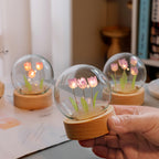 Tulip Flower Crystal Ball Night Light with Wooden Base, LED Glowing Glass Sphere, Warm White, USB Powered