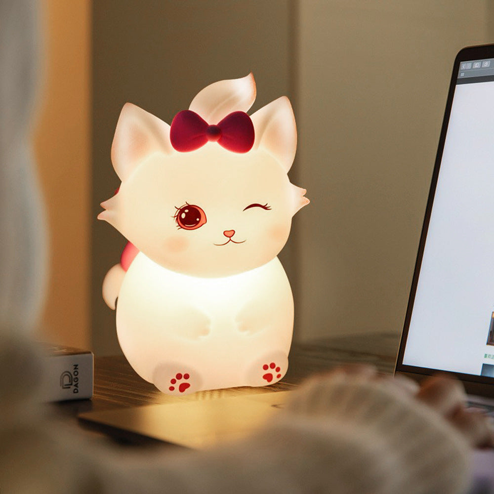 Cute Cat Silicone Night Light with Pink Bow, Soft Warm LED Lamp for Kids Bedroom, USB Rechargeable, White