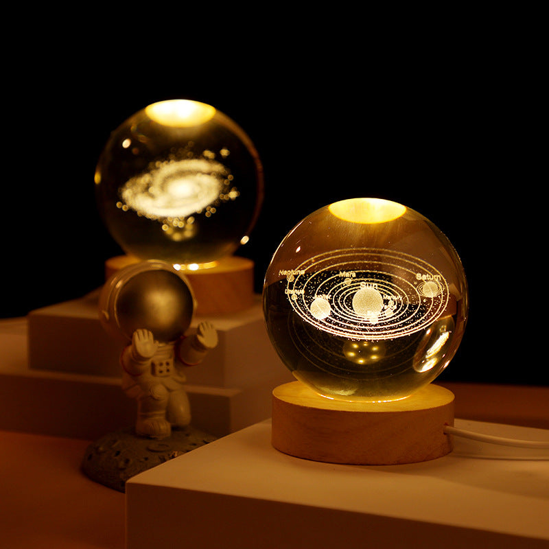 3D Engraved Galaxy Crystal Ball Night Light with Wooden Base, LED Glowing Sphere, Warm White, USB Powered