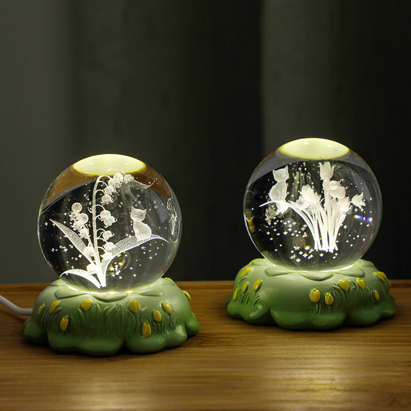3D Engraved Rose & Carnation Crystal Ball Night Light