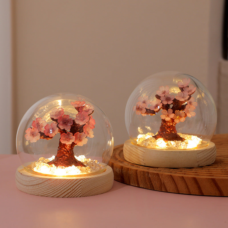 Cherry Blossom Tree Snow Globe Night Light, LED Glowing Crystal Ball with Wooden Base, Pink Flowers, Warm White Light