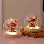 Cherry Blossom Tree Snow Globe Night Light, LED Glowing Crystal Ball with Wooden Base, Pink Flowers, Warm White Light