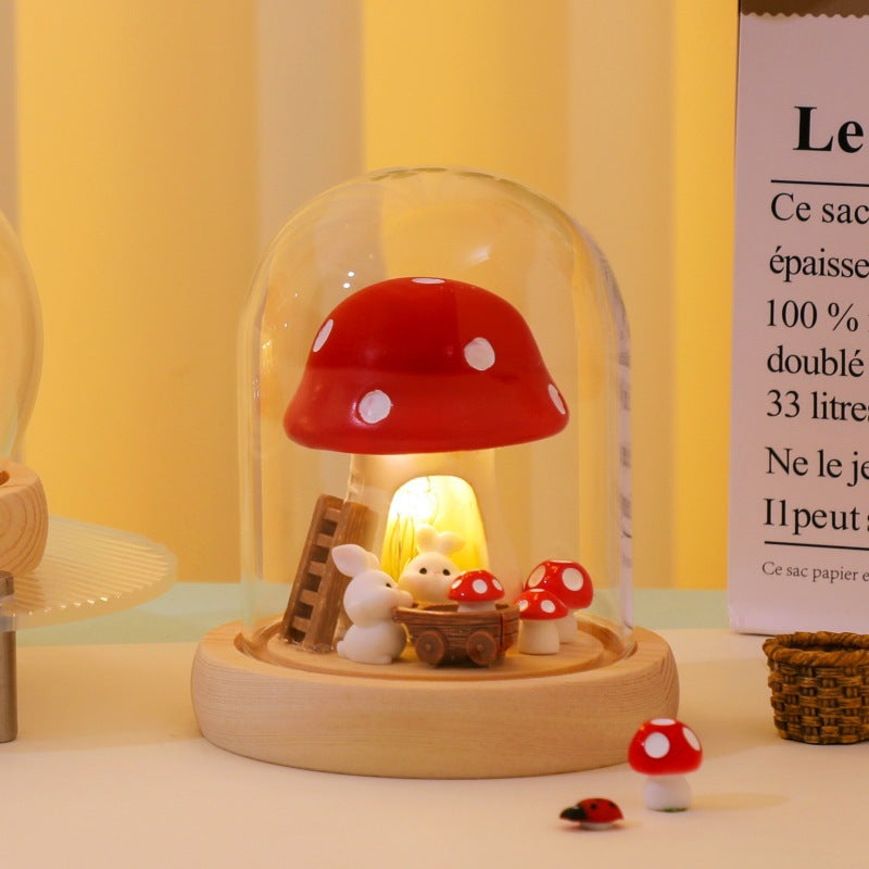 Mushroom & Rabbit Night Light with Glass Dome, LED Wooden Base Decorative Lamp, Warm White