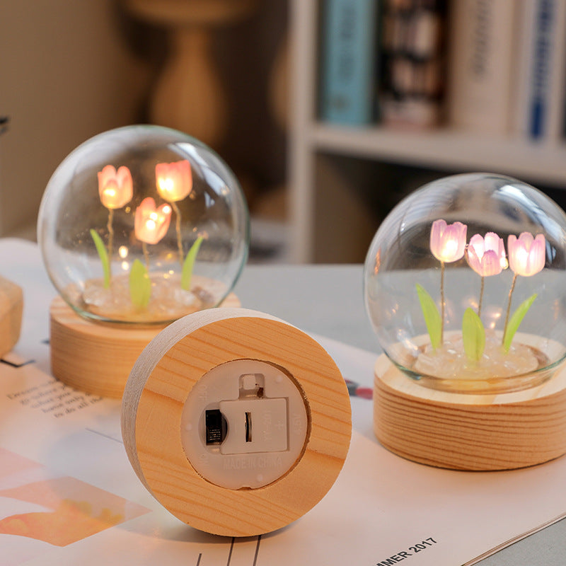 Tulip Flower Crystal Ball Night Light with Wooden Base, LED Glowing Glass Sphere, Warm White, USB Powered