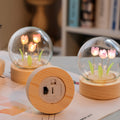Tulip Flower Crystal Ball Night Light with Wooden Base, LED Glowing Glass Sphere, Warm White, USB Powered
