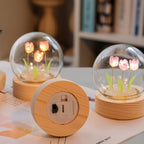 Tulip Flower Crystal Ball Night Light with Wooden Base, LED Glowing Glass Sphere, Warm White, USB Powered