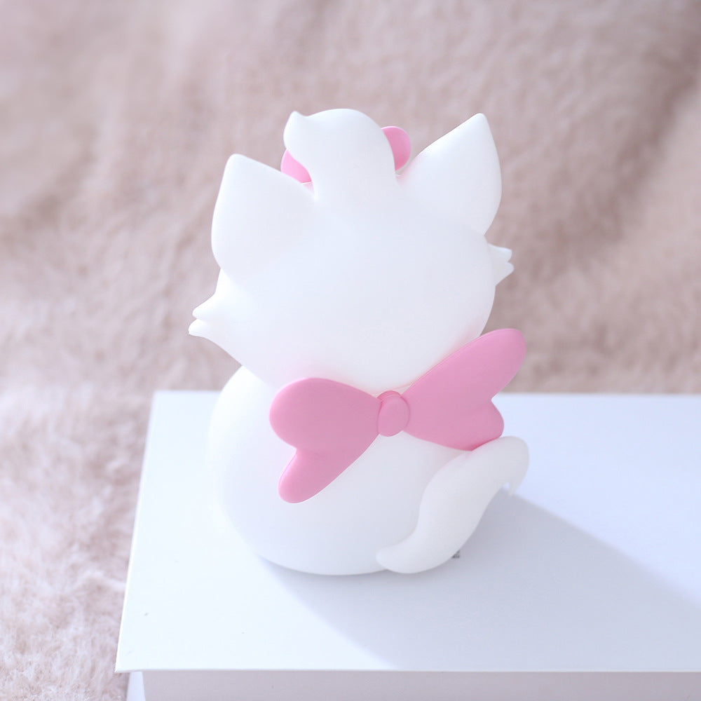 Cute Cat Silicone Night Light with Pink Bow, Soft Warm LED Lamp for Kids Bedroom, USB Rechargeable, White