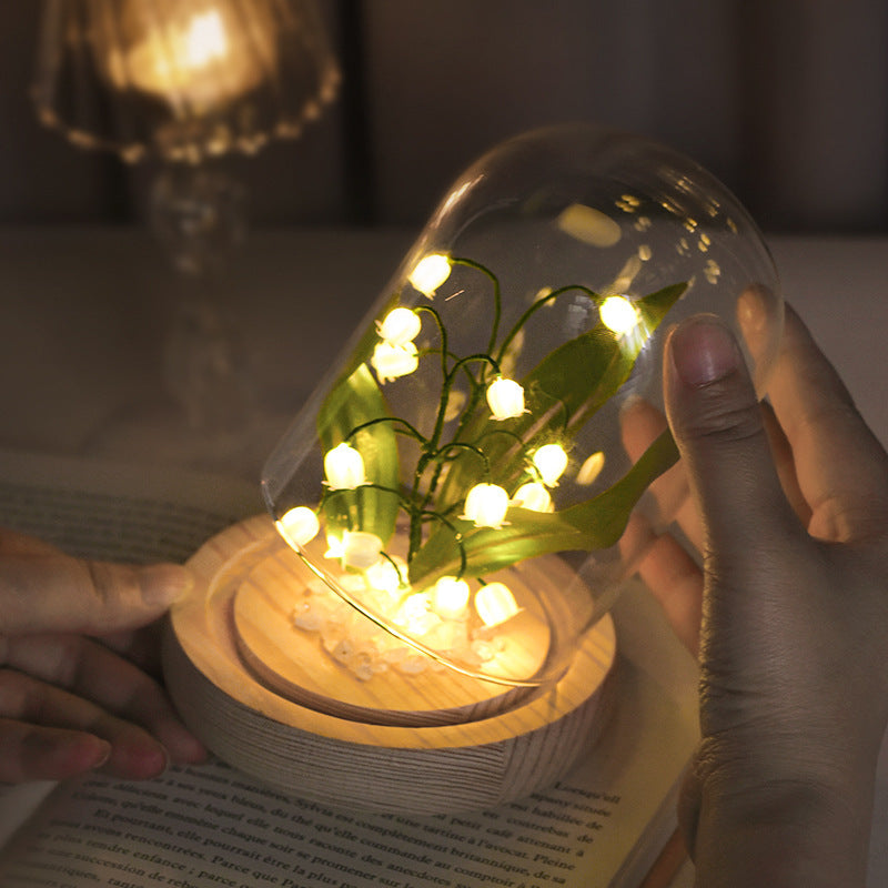 Lily of the Valley Glass Dome Night Light with Wooden Base, LED Glowing Flower Lamp, Warm White, USB Powered