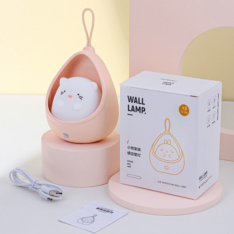 Egg Shape Cat Silicone Night Light with Hanging Loop, Soft Warm LED Portable Lamp for Kids, USB Rechargeable, Pink & White