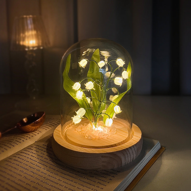 Lily of the Valley Glass Dome Night Light with Wooden Base, LED Glowing Flower Lamp, Warm White, USB Powered