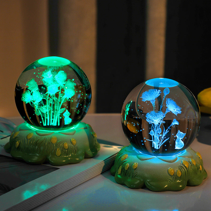 3D Engraved Rose & Carnation Crystal Ball Night Light