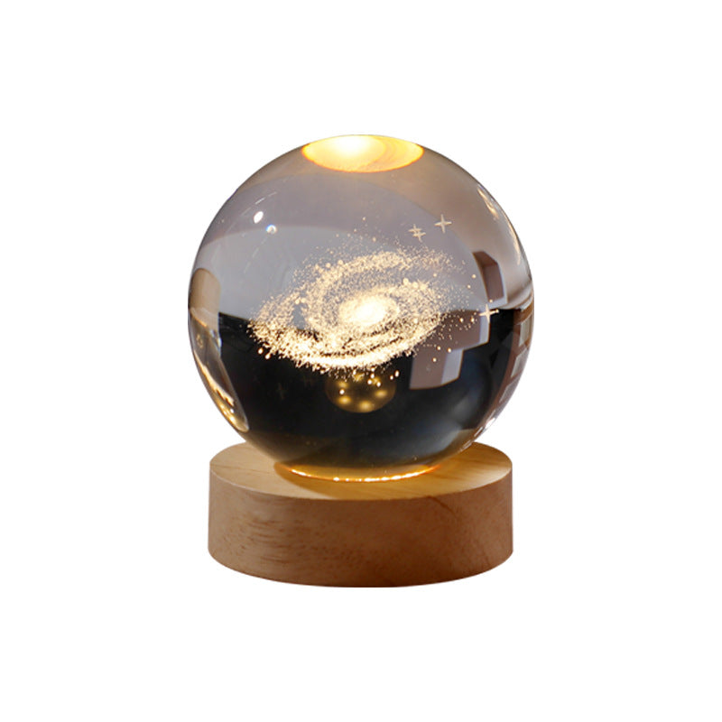 3D Engraved Galaxy Crystal Ball Night Light with Wooden Base, LED Glowing Sphere, Warm White, USB Powered