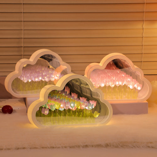Cloud Shape Tulip Mirror Night Light, LED Decorative Flower Lamp with Mirror, Warm White USB Table Lamp