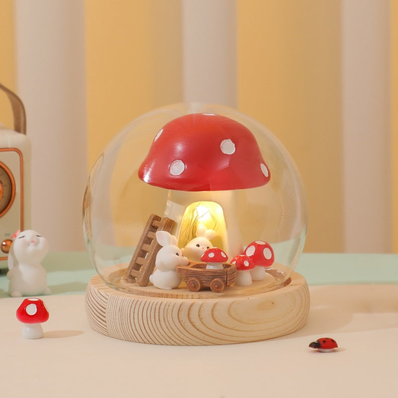 Mushroom & Rabbit Night Light with Glass Dome, LED Wooden Base Decorative Lamp, Warm White