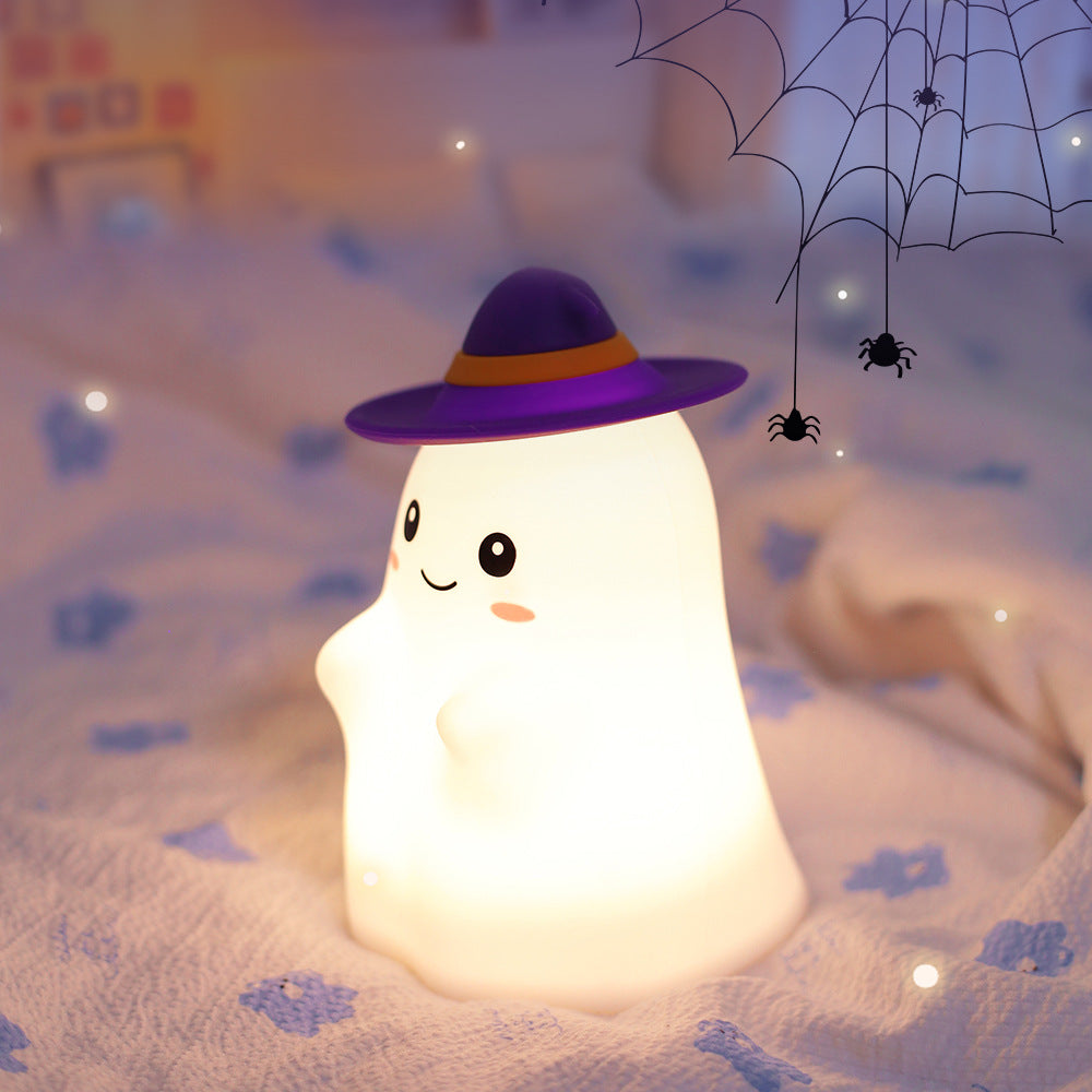 Halloween Ghost Silicone Night Light with Witch Hat, Warm LED Lamp for Kids, USB Rechargeable, White