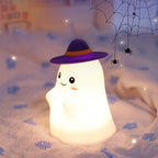 Halloween Ghost Silicone Night Light with Witch Hat, Warm LED Lamp for Kids, USB Rechargeable, White