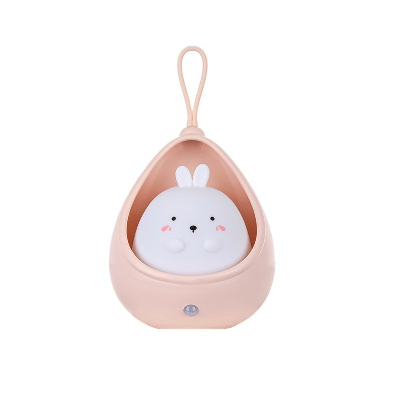 Egg Shape Cat Silicone Night Light with Hanging Loop, Soft Warm LED Portable Lamp for Kids, USB Rechargeable, Pink & White