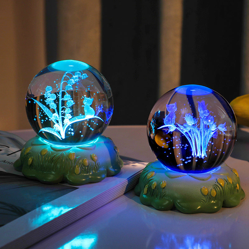 3D Engraved Rose & Carnation Crystal Ball Night Light