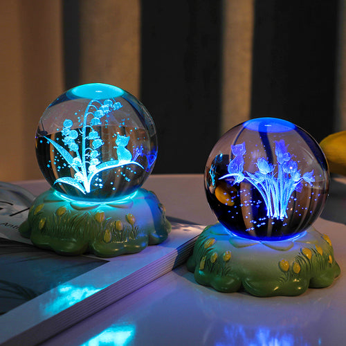 3D Engraved Rose & Carnation Crystal Ball Night Light